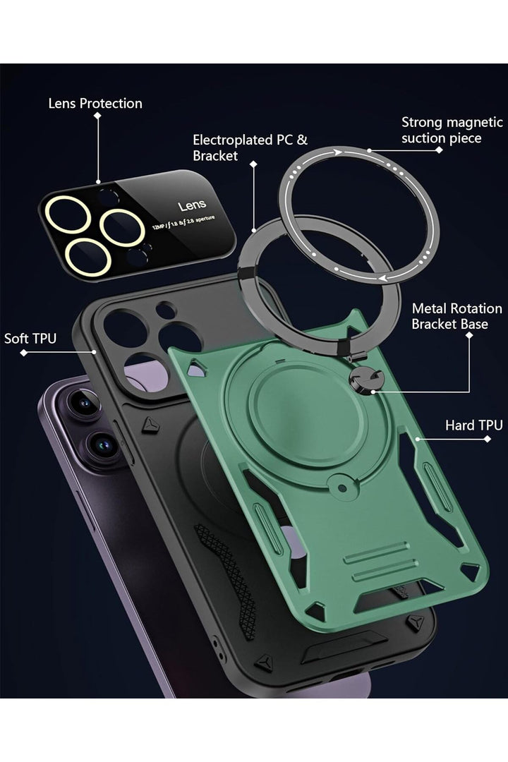 iPhone 15 Pro Uyumlu Kılıf Magsafe Standlı Kamera Lens Korumalı Darbelere Dayanklı Renkli Tank Kapak