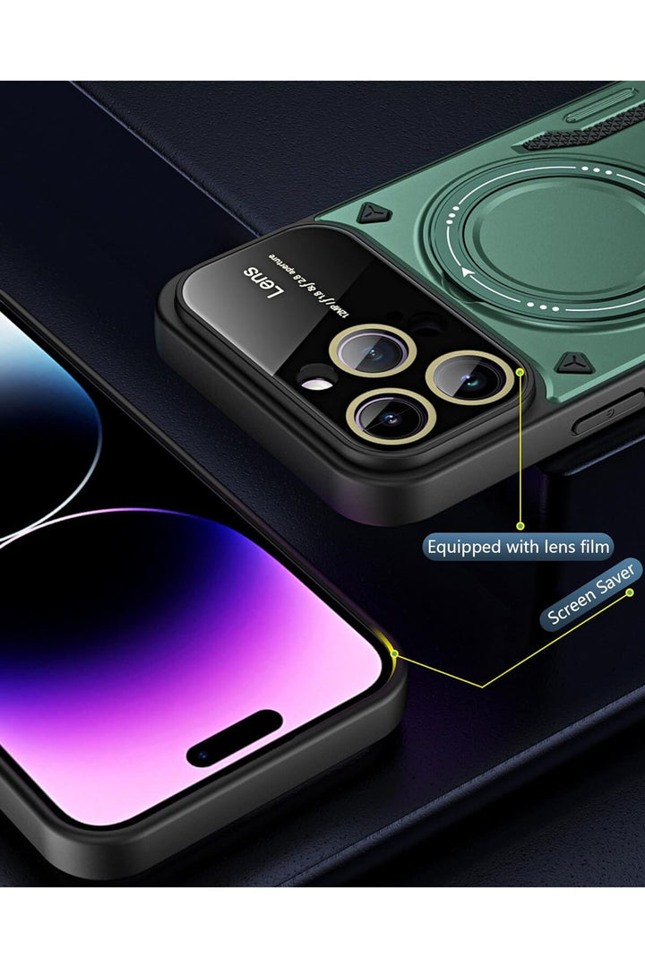iPhone 15 Pro Uyumlu Kılıf Magsafe Standlı Kamera Lens Korumalı Darbelere Dayanklı Renkli Tank Kapak