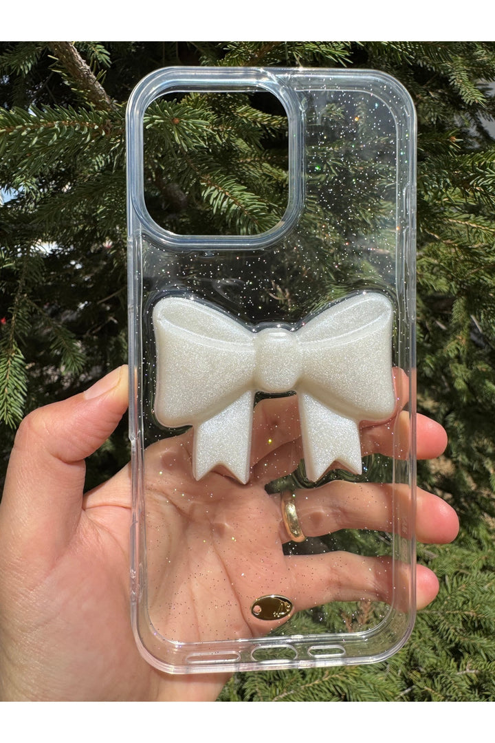 iPhone 14 Pro Max Uyumlu Kılıf Simli Parlak Fiyonk Desenli Silikon Kamera Çevresi Koruyucu Kapak
