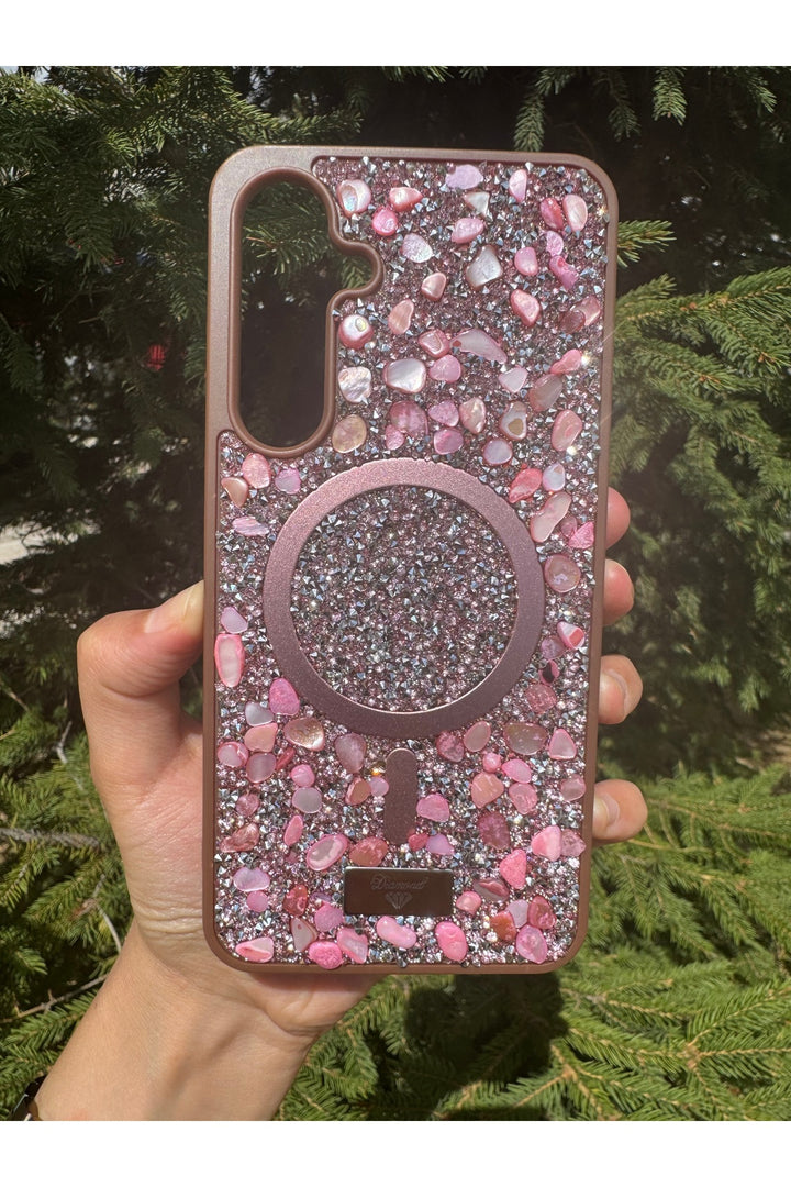 Samsung Galaxy S24/S25 Uyumlu Taşlı Magsafe Kılıf Parlak Taşlı Simli Koruyucu Kablosuz Şarj Silikon