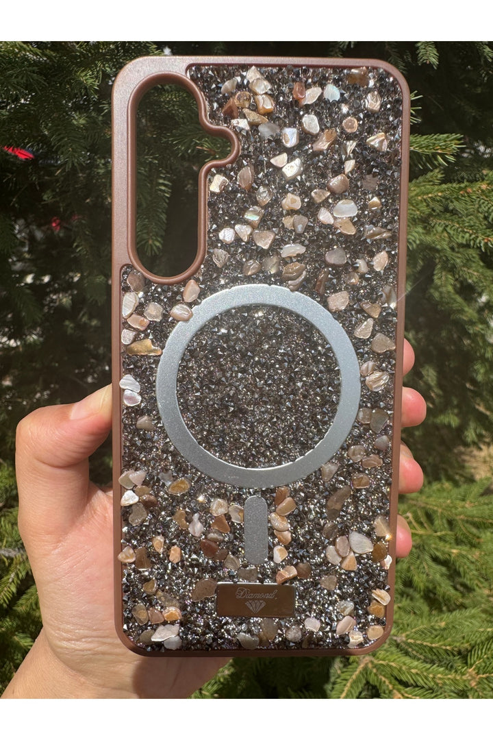 Samsung Galaxy S24 Plus/S25 Plus Uyumlu Taşlı Magsafe Kılıf Parlak Taşlı Simli Koruyucu Silikon