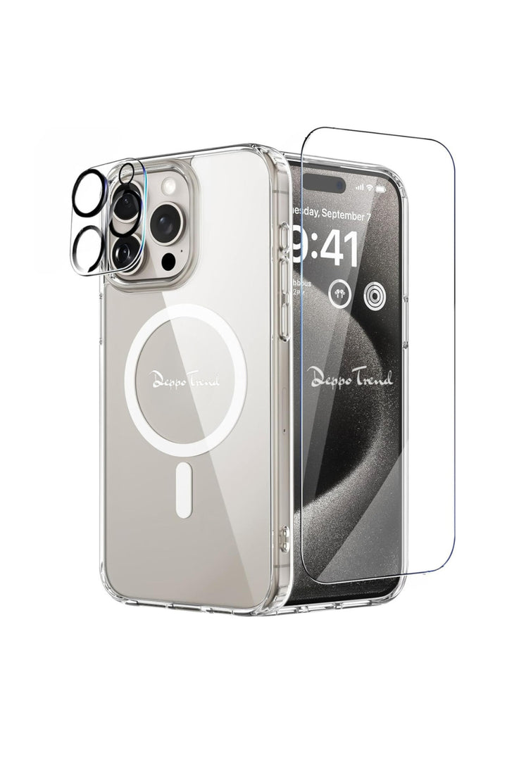 iPhone 15 Pro Max Uyumlu Kılıf Kamera Koruma Camı Ekran Koruyucu Şeffaf Magsafe Temperli Cam Koruma