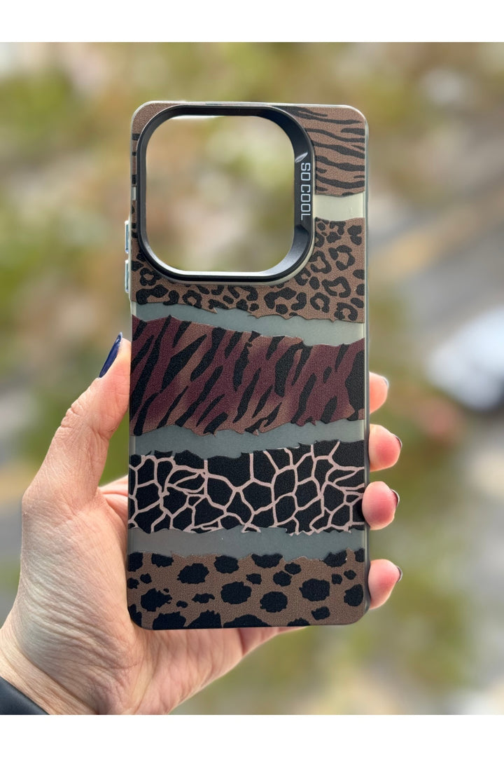 Tecno Spark 20 Pro Uyumlu Kılıf Leopar Desenli Kahverengi Çizgili Metalik Tuşlu Kamera Çıkıntılı