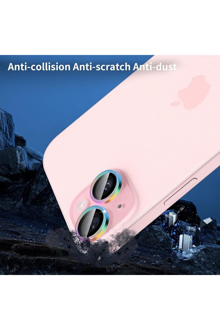 iPhone 15 Uyumlu Kamera Lens Koruyucu Dayanıkl Renkli Metal Temperli Cam Kamera Lens Koruma