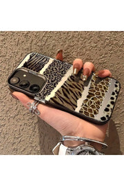 Samsung Galaxy S22 Uyumlu Kılıf Leopar Desenli Kahverengi Çizgili Metalik Tuşlu Kamera Çıkıntılı