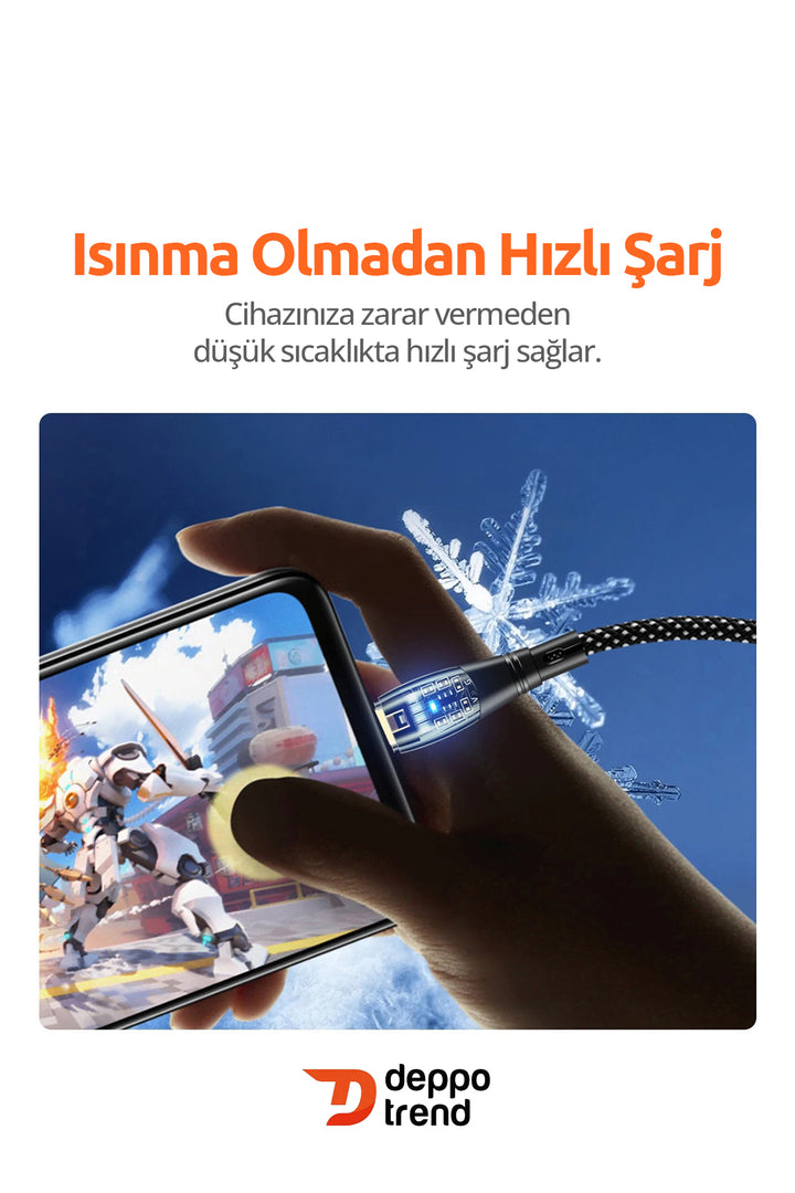 İphone 15 Pro 16 Plus 16 Pro Max 17 Air Uyumlu 60w Turbo Hızlı Şarj Ve Data Kablosu Şeffaf Led Işklı