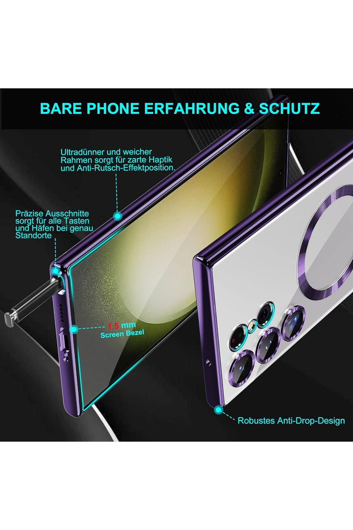 Samsung Galaxy S23 Ultra Uyumlu Kılıf 3D Kamera Lens Korumalı Magsafe Kenarı Renkli Şeffaf Kapak