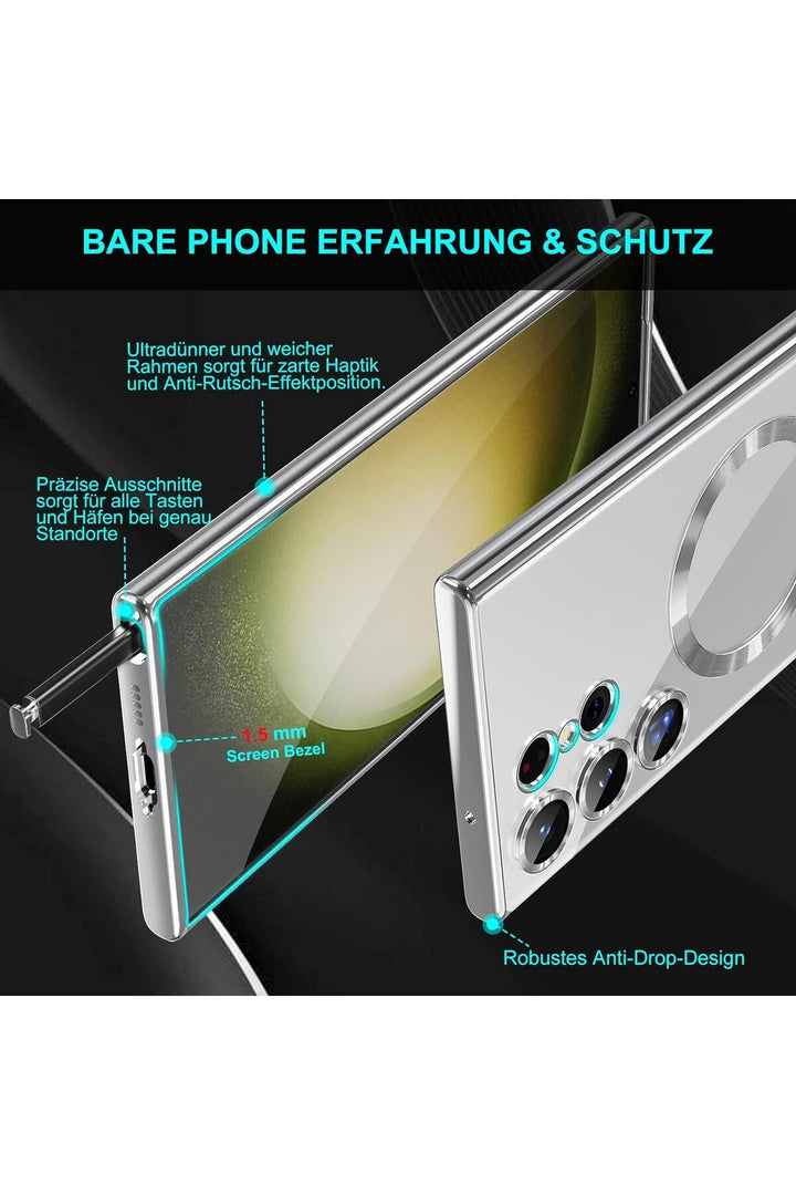 Samsung Galaxy S23 Ultra Uyumlu Kılıf 3D Kamera Lens Korumalı Magsafe Kenarı Renkli Şeffaf Kapak