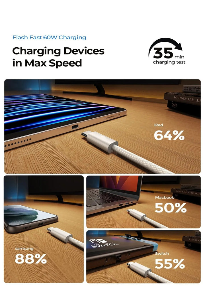 Apple Ipad Iphone 15/16 Plus/16/17 Pro Max Uyumlu 60w Hızlı Şarj Kablosu Örgü Usb-c Type-c Pd Kablo