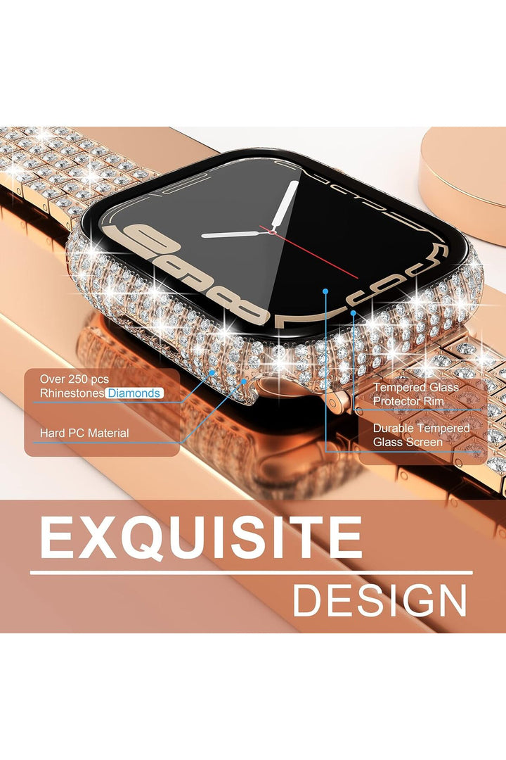 Apple Watch 45mm 7/8/9 Uyumlu Kılıf Ekran ve Kasa Koruyucu Parlak Büyük Taşlı Watch Kasa Koruma