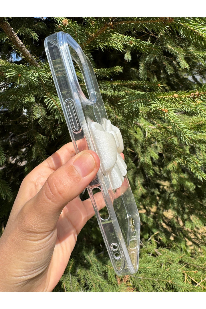 iPhone 16 Pro Max Uyumlu Kılıf Simli Parlak Fiyonk Desenli Silikon Kamera Çevresi Koruyucu Kapak