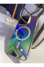 Load image into Gallery viewer, iPhone 15 Pro Max Uyumlu Kılıf Metal Kamera Standlı Hologram Renkli Ayna Görünümlü Premium Kapak
