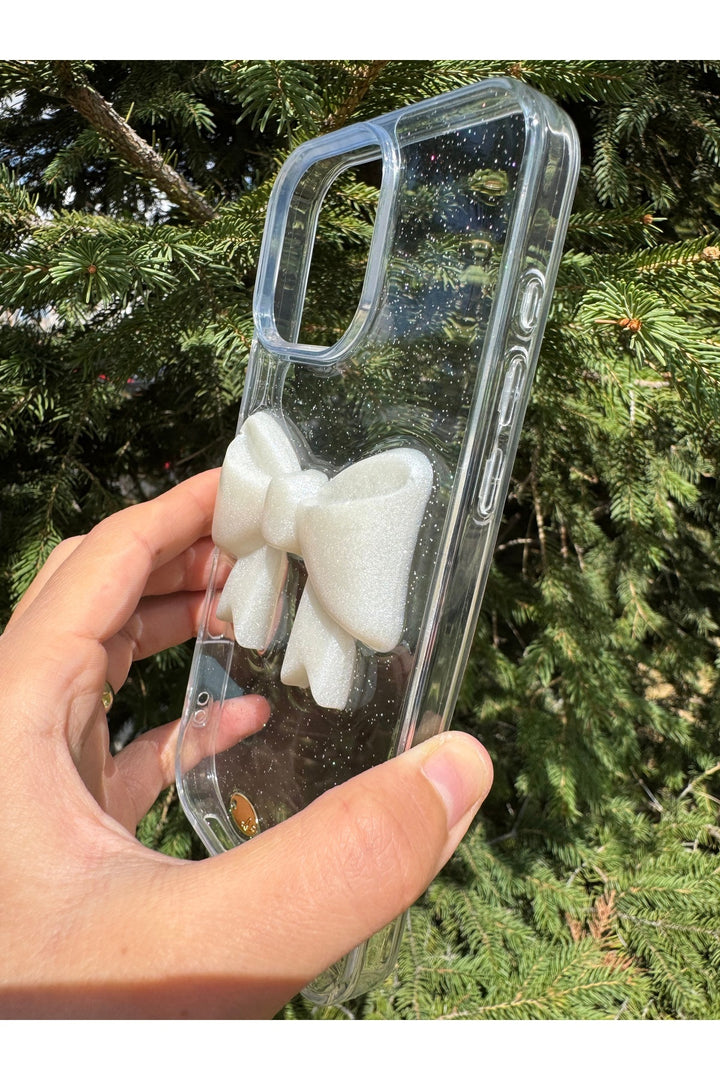 iPhone 14 Pro Max Uyumlu Kılıf Simli Parlak Fiyonk Desenli Silikon Kamera Çevresi Koruyucu Kapak