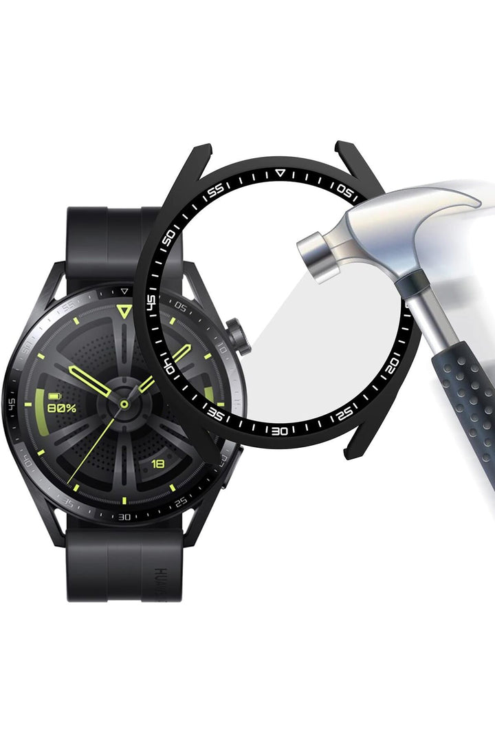 Huawei GT4 46mm Uyumlu Kılıf Siyah Kasa ve Ekran Koruyucu Siyah Kadranlı Ekran ve Kasa Koruma Kapak