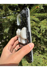 iPhone 14 Pro Max Uyumlu Kılıf Simli Parlak Fiyonk Desenli Silikon Kamera Çevresi Koruyucu Kapak