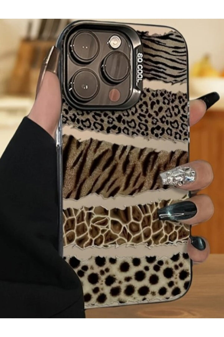 iPhone 14 Pro Max Uyumlu Kılıf Leopar Desenli Kahverengi Çizgili Metalik Tuşlu Kamera Çıkıntılı